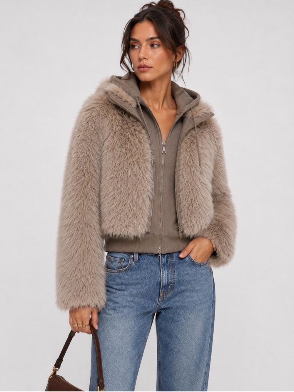 Faux Fur Hooded Zip Jacket - Womens